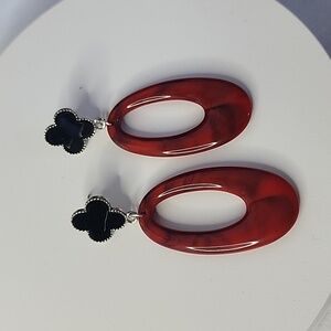 Black Enamel Clover with Acrylic Red Marbled Oval Earrings  New